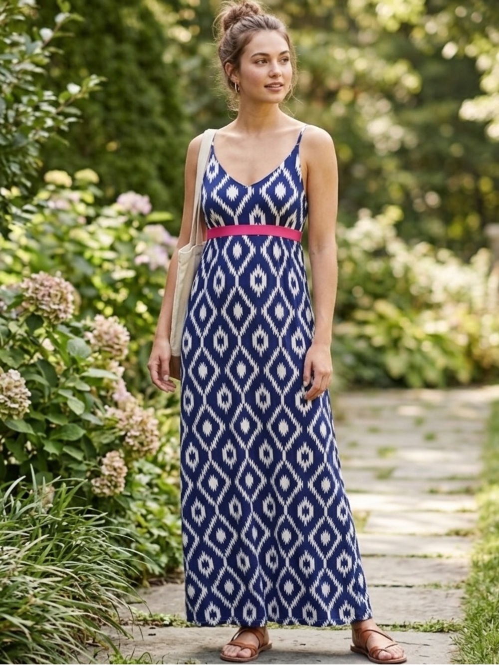 Macbeth Collection’s Fun Navy and White pattern Maxi Dress